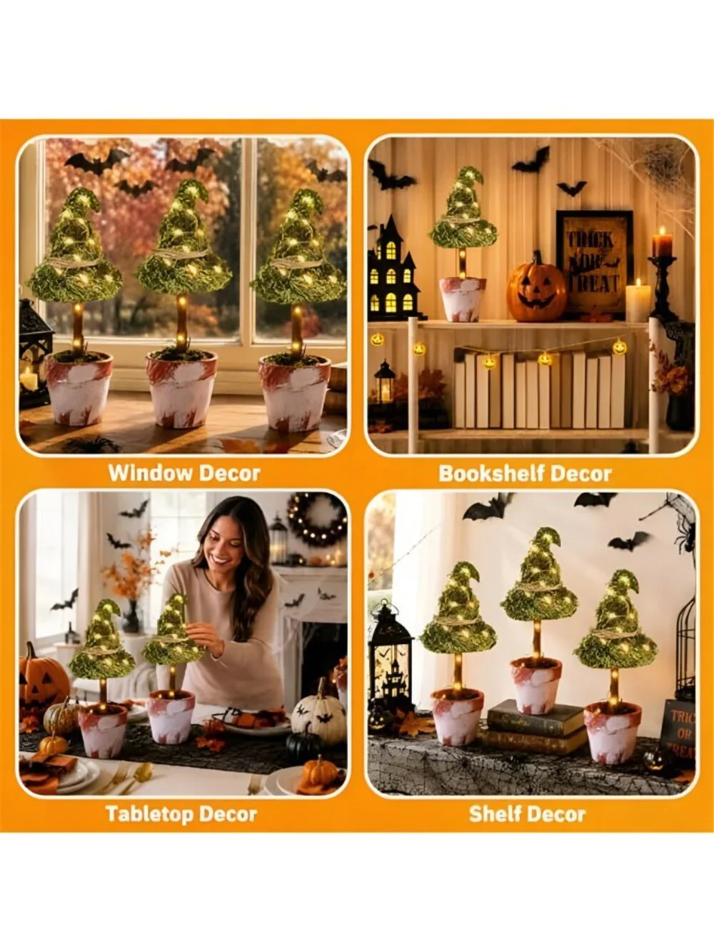 3 Pcs Halloween Witch Hat Topiary Plant Decor with LED Lights